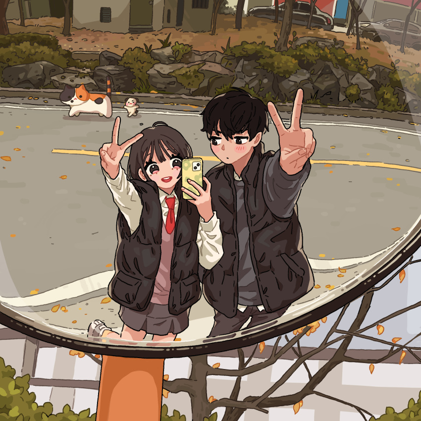 1boy, 1girl, black_eyes, black_hair, black_jacket, brown_eyes, brown_sweater_vest, car