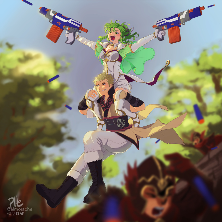 1boy, 1girl, absurdres, almostphe, armor, artist_name, bangs, blonde_hair