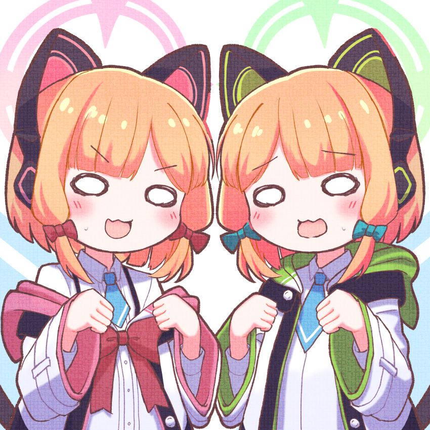 2girls, :3, :d, animal_ear_headphones, animal_ears, bangs, blue_archive, blunt_bangs, bow, cat_ear_headphones, clenched_hands, collared_shirt, commentary_request, denki_blanco, fake_animal_ears, hair_bow, hair_ribbon, halo, headphones, highres, hooded_coat, long_sleeves, looking_at_viewer, midori_(blue_archive), momoi_(blue_archive), multiple_girls, necktie, o_o, orange_hair, parted_bangs, paw_pose, ribbon, school_uniform, shirt, short_hair, siblings, sidelocks, simple_background, smile, suspenders, tress_ribbon, twins, white_background
