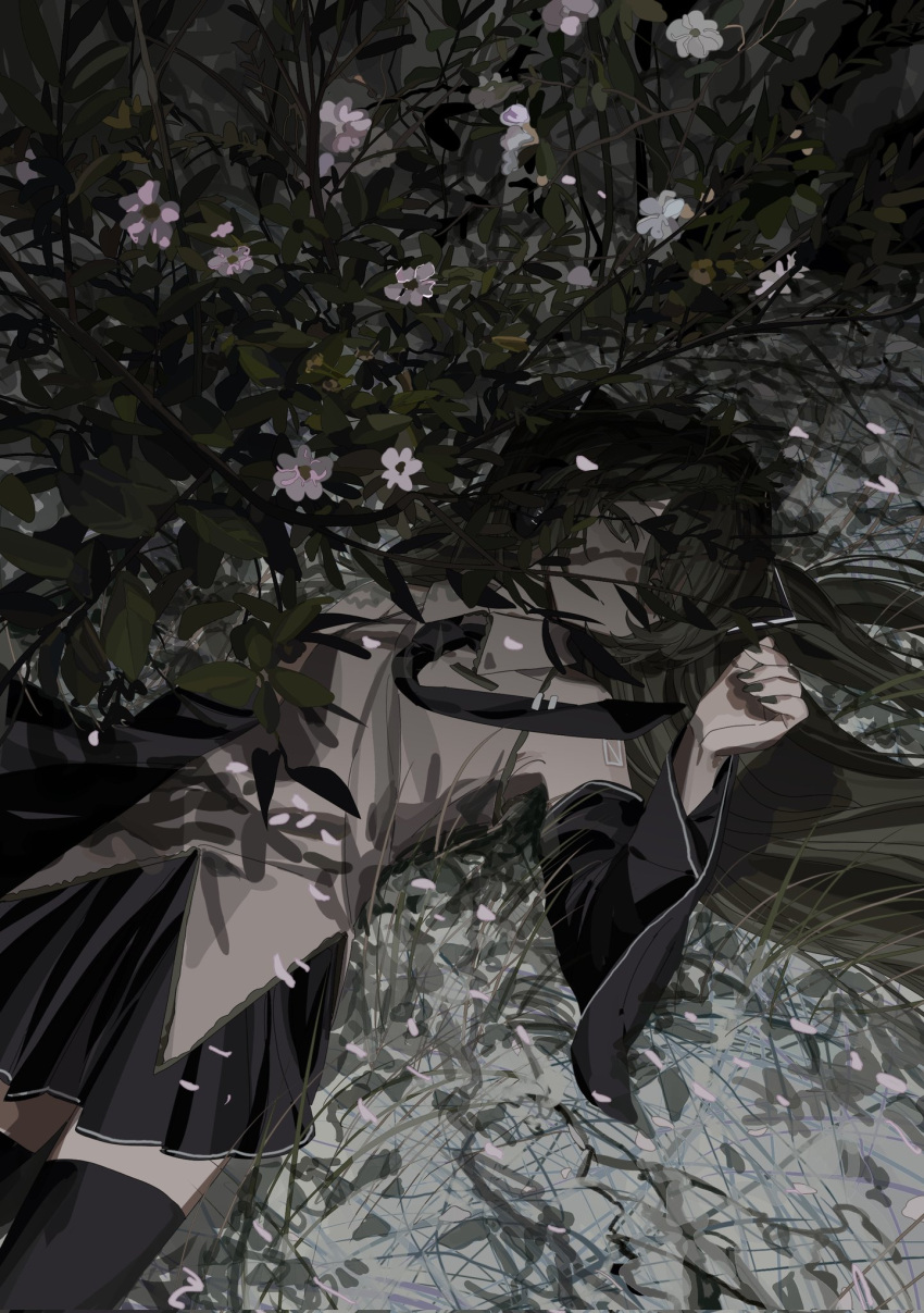 1girl, alternate_eye_color, alternate_hair_color, black_necktie, black_skirt, black_thighhighs, bush, closed_mouth