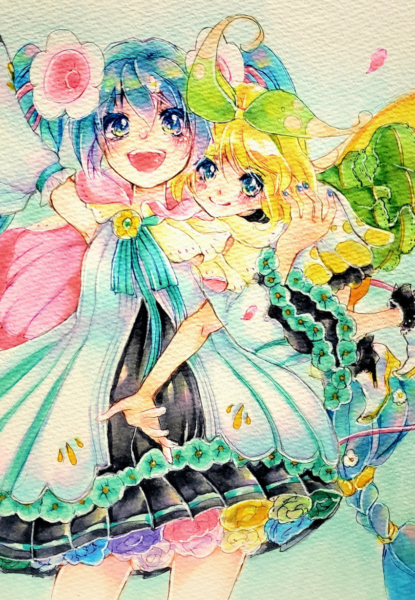 2girls, :d, absurdres, aqua_eyes, aqua_hair, aqua_rose, blonde_hair, blue_eyes