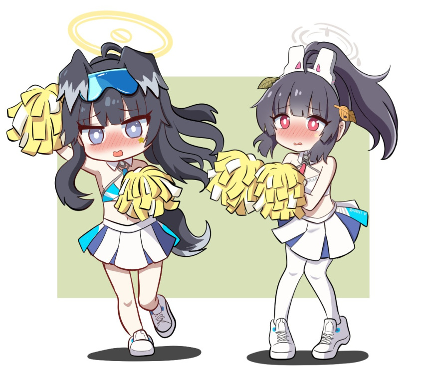 2girls, alternate_costume, alternate_hairstyle, animal_ears, arm_up, armpits, bangs, black_hair