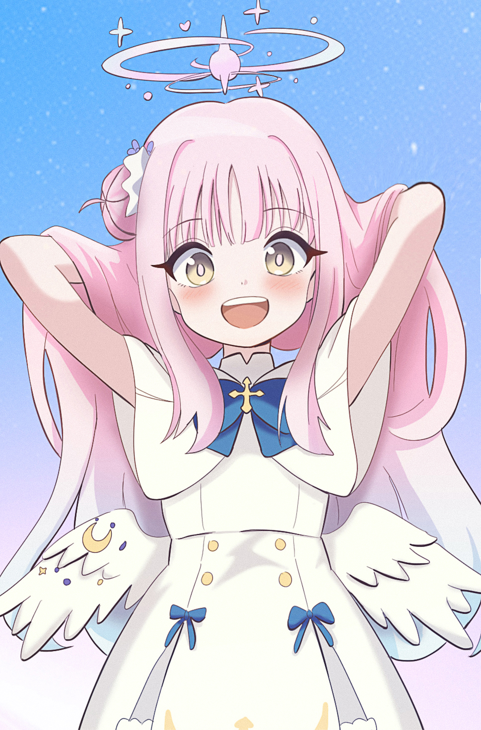 1girl, :d, adjusting_hair, angel_wings, arms_behind_head, bangs, blue_archive, blunt_bangs