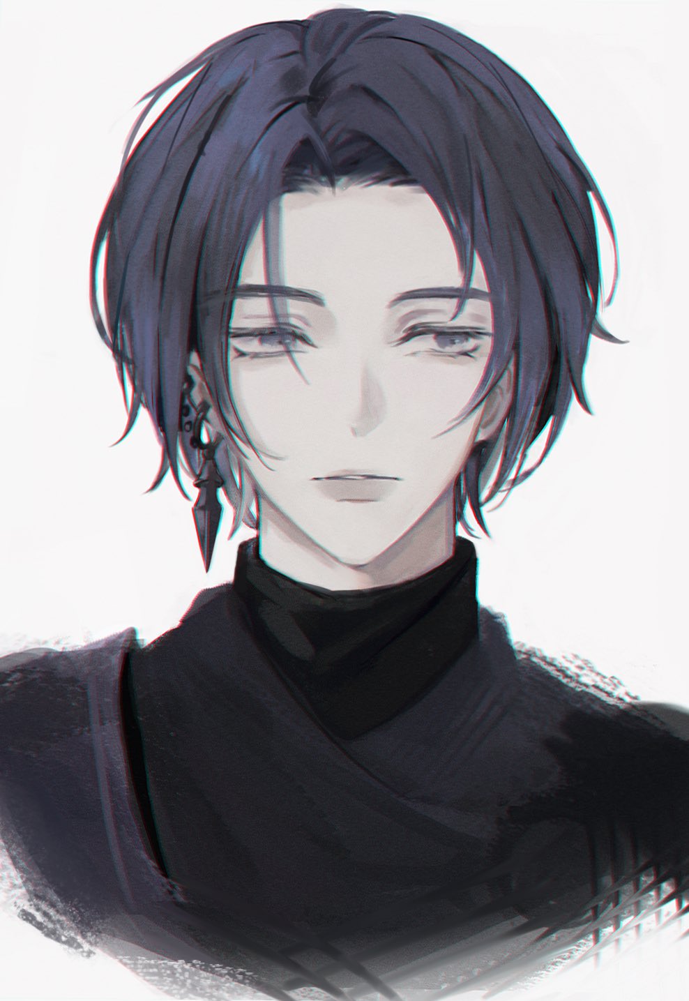 1girl, androgynous, black_hair, commentary, ear_piercing, earrings, expressionless, final_fantasy