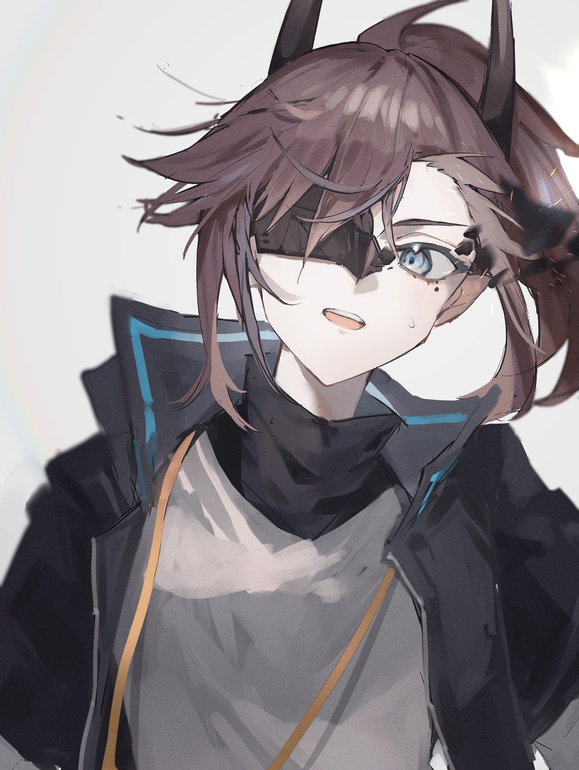 1girl, arknights, blue_eyes, broken_mask, brown_hair, demon_horns, grey_shirt, highres