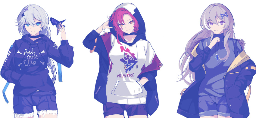 1girl, absurdres, ana_schariac, bangs, black_choker, black_coat, black_hoodie, black_sweater, blue_eyes, blue_shorts, braid, braided_ponytail, brown_hair, choker, closed_mouth, coat, denim, denim_shorts, earrings, hair_ornament, hairclip, hand_in_pocket, highres, holding, holding_jewelry, holding_mask, holding_necklace, honkai_(series), honkai_impact_3rd, hood, hoodie, jewelry, kallen_kaslana, long_hair, long_sleeves, looking_at_viewer, mask, murata_himeko, necklace, red_shorts, redhead, shorts, simple_background, smile, solo, sparks_summer, sweater, turtleneck, turtleneck_sweater, white_background, white_hoodie, yellow_eyes