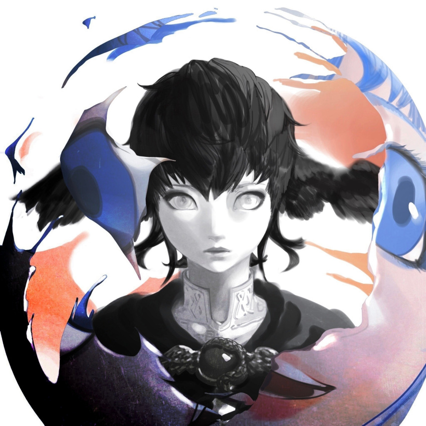 1girl, 7enn, bangs, bird_wings, black_capelet, black_hair, blue_eyes, blue_hair