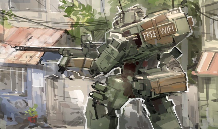 anti-materiel_rifle, camouflage_paint, cannon, english_text, gun, highres, mecha, no_humans