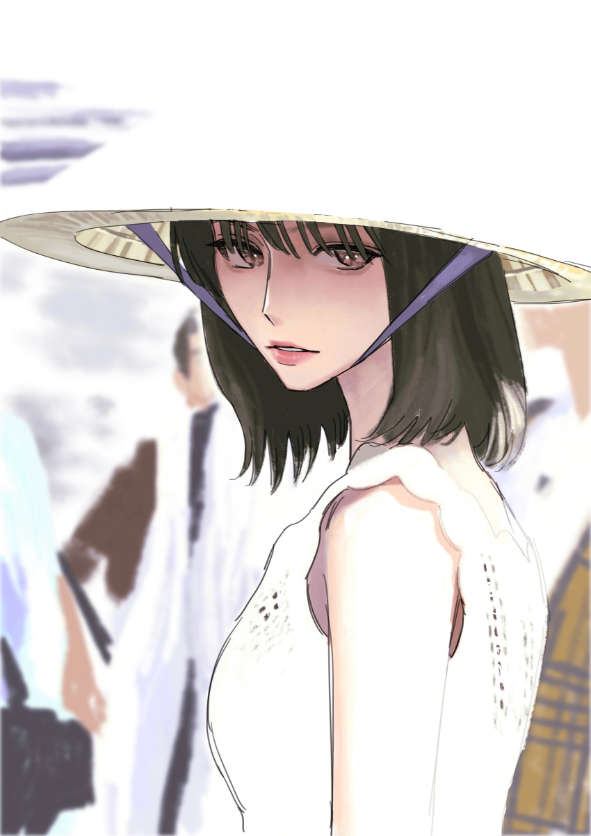 1girl, absurdres, animification, bangs, black_hair, blending, breasts, brown_eyes