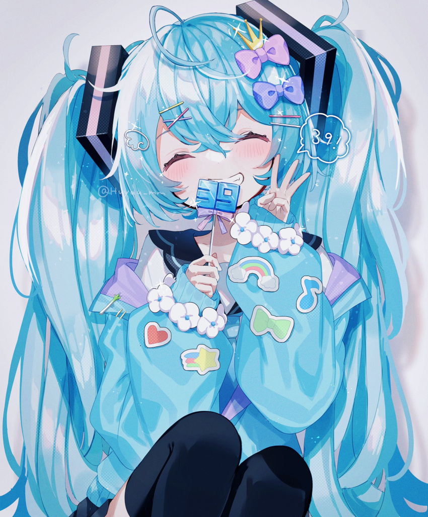 1girl, 39, aqua_hair, black_thighhighs, blue_jacket, bow, candy, closed_eyes