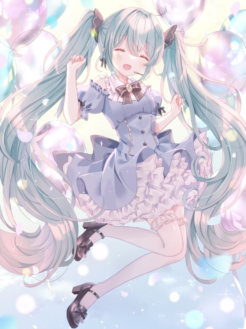 1girl, 39, aqua_hair, azarashi6, black_footwear, blue_dress, blush, closed_eyes