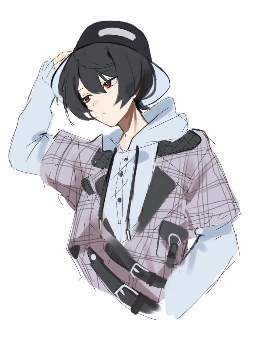 1boy, backwards_hat, baseball_cap, belt, black_hair, closed_mouth, ensemble_stars!, facing_to_the_side, hat, highres, hood, hood_down, hoodie, long_sleeves, looking_away, male_focus, red_eyes, sakuma_ritsu, short_hair, solo, white_background, white_hoodie, yukimi_bon