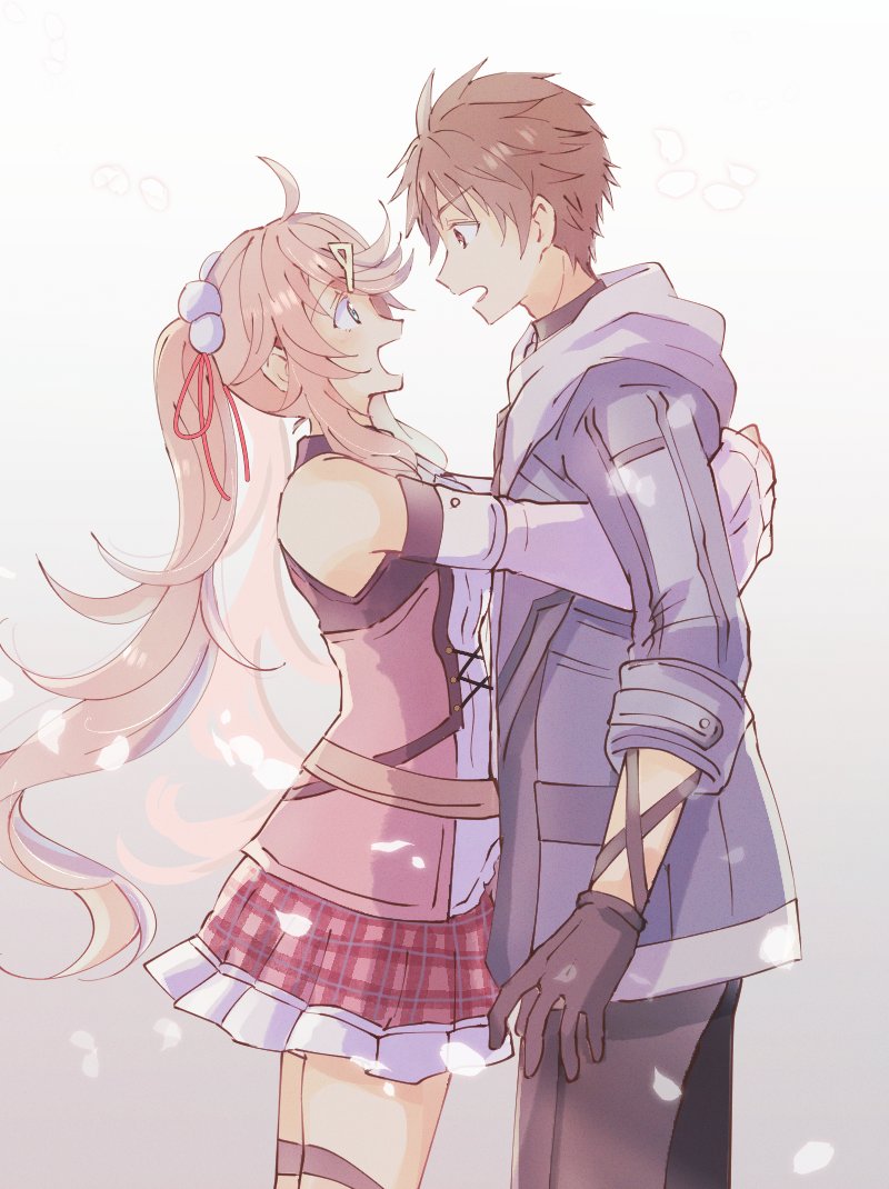 1boy, 1girl, appleajyuxxxx, blue_eyes, brown_hair, choker, eiyuu_densetsu, falling_petals