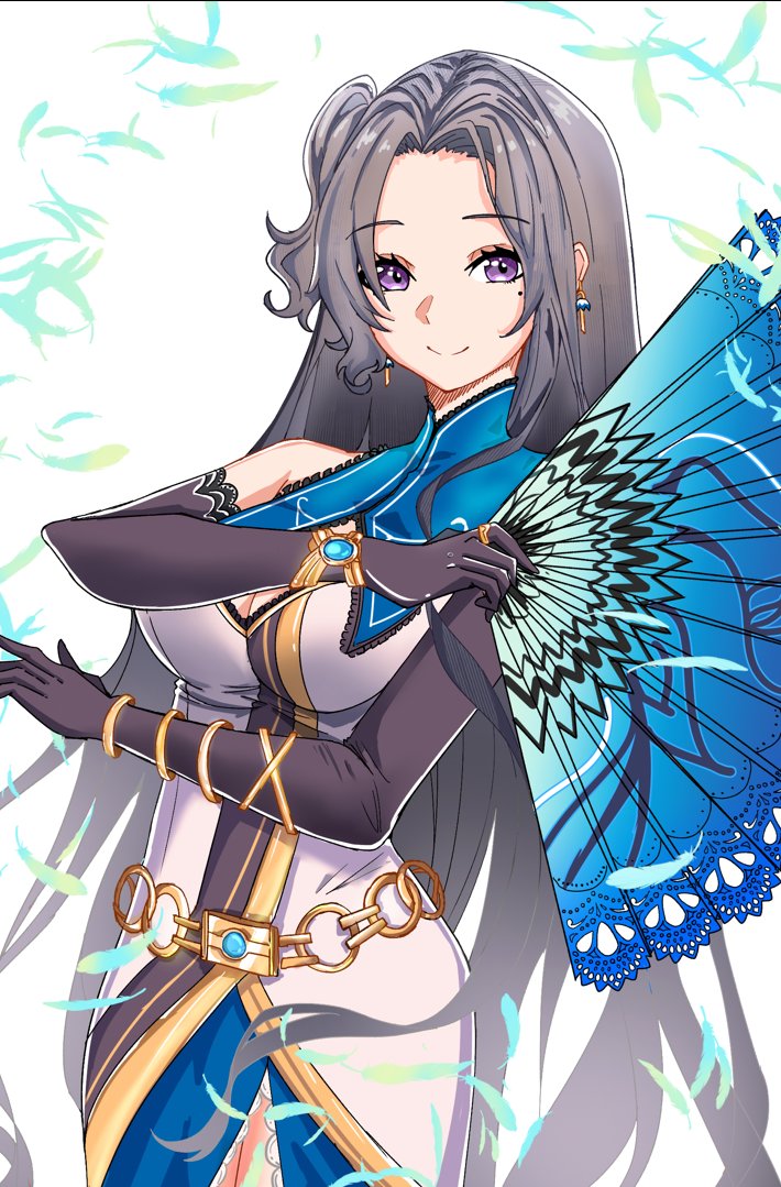 1girl, black_hair, bracelet, earrings, eiyuu_densetsu, elbow_gloves, falling_feathers, feathers