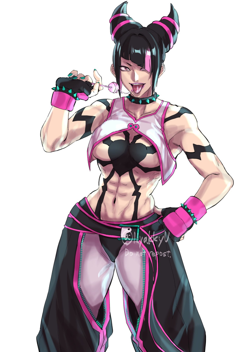 1girl, 80yakky, abs, black_hair, bracelet, candy, collar, fingerless_gloves, food, gloves, hair_over_one_eye, han_juri, highres, holding, holding_candy, holding_food, jewelry, martial_arts_belt, ponytail, saliva, saliva_trail, street_fighter, street_fighter_6