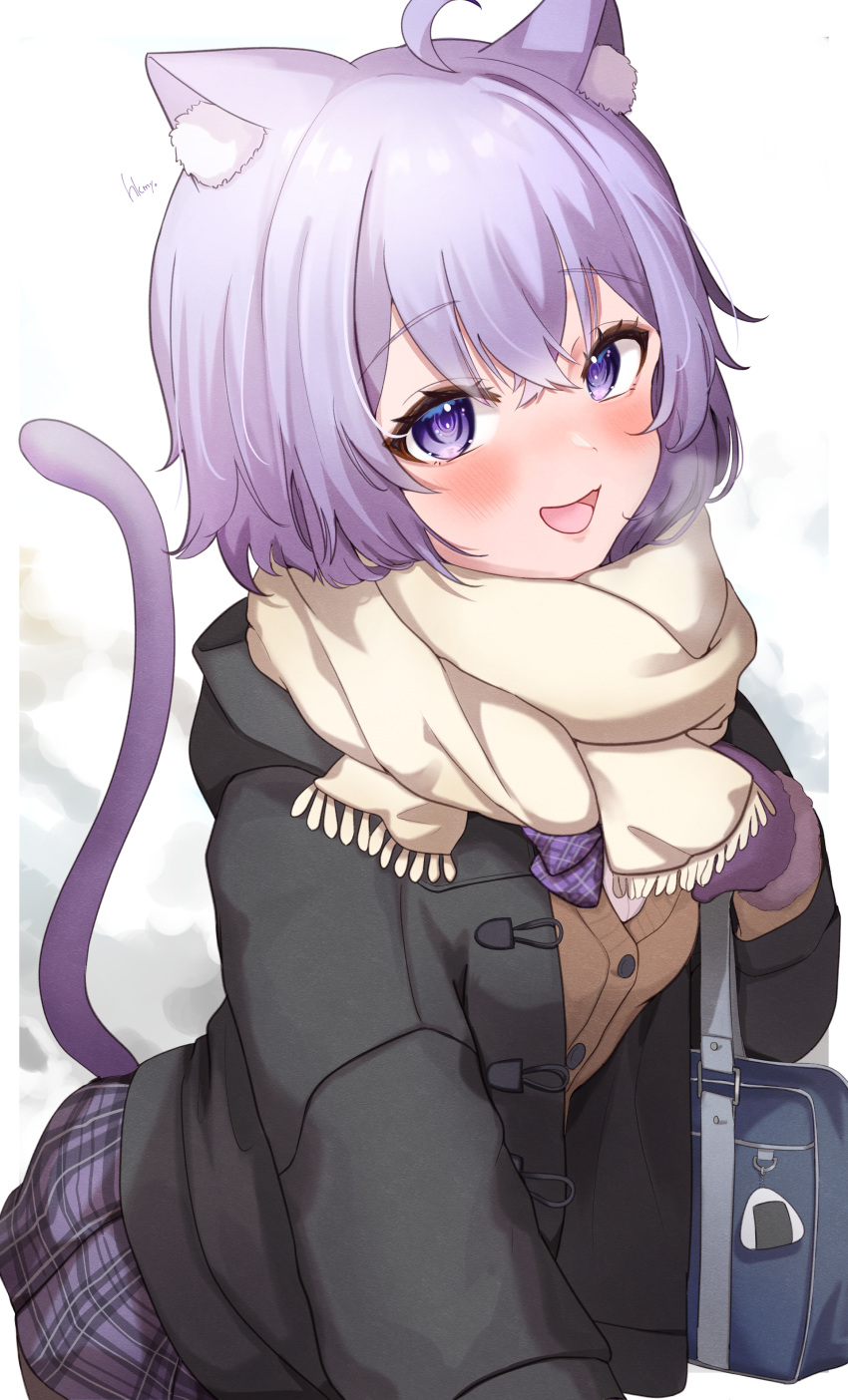 1girl, absurdres, ahoge, animal_ear_fluff, animal_ears, bag, bangs, black_jacket, blush, breasts, brown_cardigan, cardigan, cat_ears, cat_girl, cat_tail, crossed_bangs, fur-trimmed_gloves, fur_trim, gloves, hair_between_eyes, hakumai_(5fc), highres, hololive, jacket, long_sleeves, looking_at_viewer, nekomata_okayu, open_clothes, open_jacket, open_mouth, plaid, plaid_skirt, purple_gloves, purple_hair, purple_skirt, scarf, school_bag, school_uniform, short_hair, skirt, smile, solo, tail, violet_eyes, virtual_youtuber