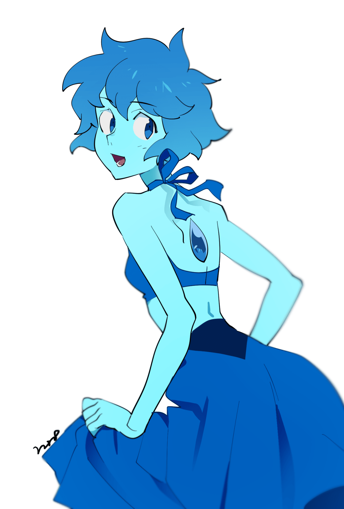 1girl, :d, back, blue_eyes, blue_hair, blue_skin, closed_mouth, colored_skin