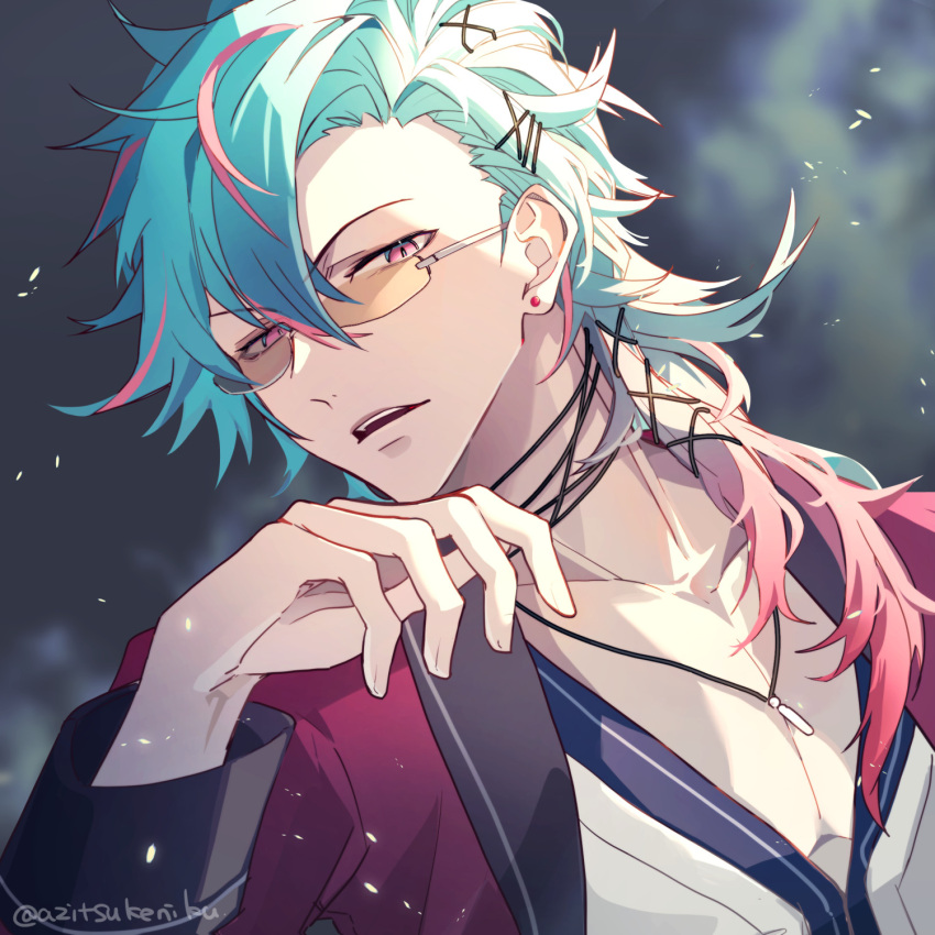 1boy, azitsukeniku, blue_hair, coat, earrings, eiyuu_densetsu, hair_ribbon, hajimari_no_kiseki