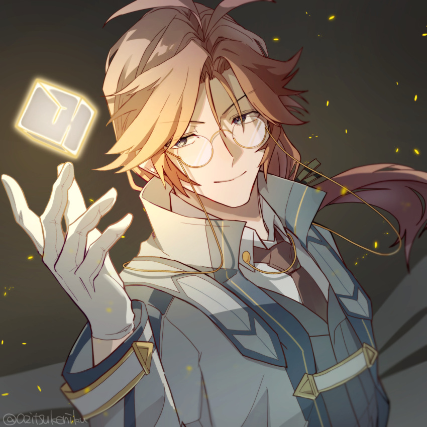 1boy, azitsukeniku, black_ribbon, blue_eyes, brown_hair, closed_mouth, coat, collared_shirt, cube, eiyuu_densetsu, gloves, glowing, hair_ribbon, hajimari_no_kiseki, highres, looking_at_viewer, male_focus, medium_hair, necktie, open_clothes, open_coat, portrait, ribbon, shirt, smile, solo, spoilers, thomas_lysander_(eiyuu_densetsu), twitter_username, vest, white_gloves
