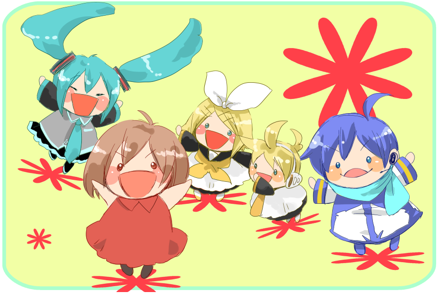 chibi, happy, hatsune_miku, headset, jumping, kagamine_len, kagamine_rin, kaito