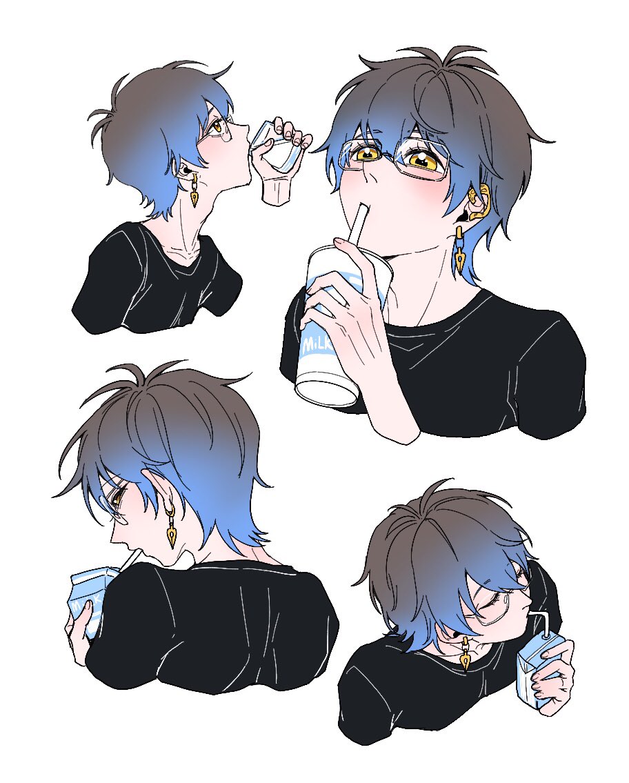 1boy, bangs, black_shirt, blue_hair, chinese_commentary, cup, disposable_cup, drinking_straw, drinking_straw_in_mouth, earrings, fouqi, from_behind, from_side, glass_bottle, glasses, gradient_hair, grey_hair, hair_between_eyes, ike_eveland, jewelry, juice_box, looking_at_viewer, male_focus, milk_carton, multicolored_hair, multiple_views, nijisanji, nijisanji_en, shirt, short_hair, simple_background, solo, upper_body, virtual_youtuber, white_background, yellow_eyes
