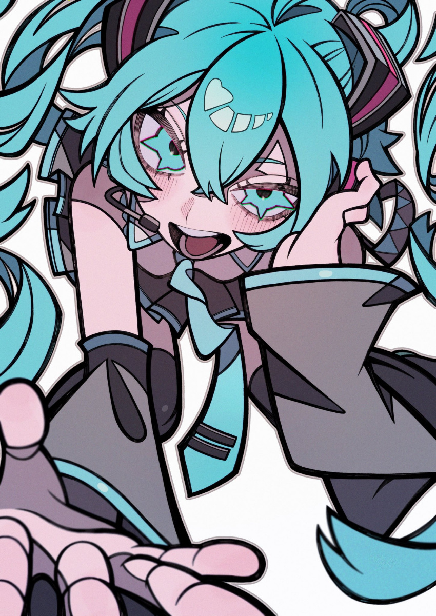 1girl, aqua_eyes, aqua_hair, aqua_necktie, bangs, black_skirt, black_thighhighs, blush