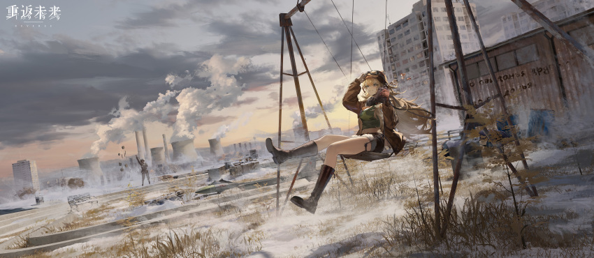 1boy, 1girl, abandoned, absurdres, ata-zhubo, blonde_hair, blue_eyes, boots
