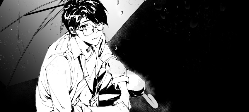 0000-111-0100-0, 1boy, aura, bangs, black_background, chinese_commentary, commentary_request, dark, glasses, highres, jacket, klein_moretti, kneeling, looking_at_viewer, looking_up, lord_of_the_mysteries, monochrome, outdoors, pants, parted_lips, rain, shirt, short_hair, simple_background, solo, tears, umbrella