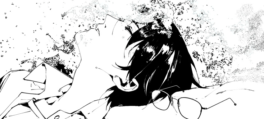 0000-111-0100-0, 1boy, bangs, chinese_commentary, closed_eyes, commentary_request, disintegration, eyewear_removed, glasses, highres, jacket, klein_moretti, lord_of_the_mysteries, lying, monochrome, shirt, short_hair, solo, wet, wet_hair, white_background