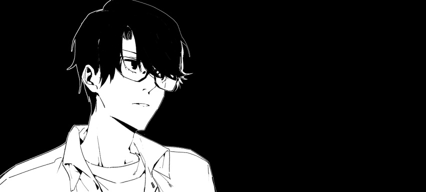0000-111-0100-0, 1boy, bangs, black_background, chinese_commentary, commentary_request, dark, glasses