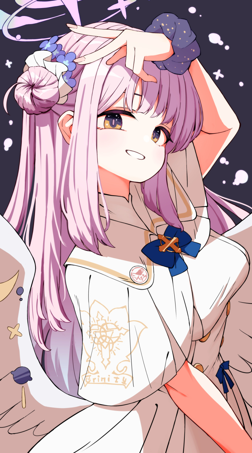 1girl, absurdres, bangs, blue_archive, breasts, dress, feathered_wings, flower, gradient_hair, hair_bun, hair_flower, hair_ornament, hair_scrunchie, highres, long_hair, looking_at_viewer, medium_breasts, mika_(blue_archive), mikaku_(vbvpahw9), multicolored_hair, orange_eyes, pink_hair, purple_flower, purple_hair, scrunchie, simple_background, single_side_bun, solo, upper_body, v, very_long_hair, white_dress, white_wings, wing_ornament, wings, wrist_scrunchie