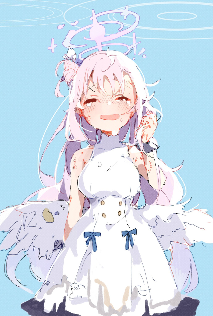 1girl, aqua_background, bangs, blue_archive, breasts, closed_eyes, commentary, crying