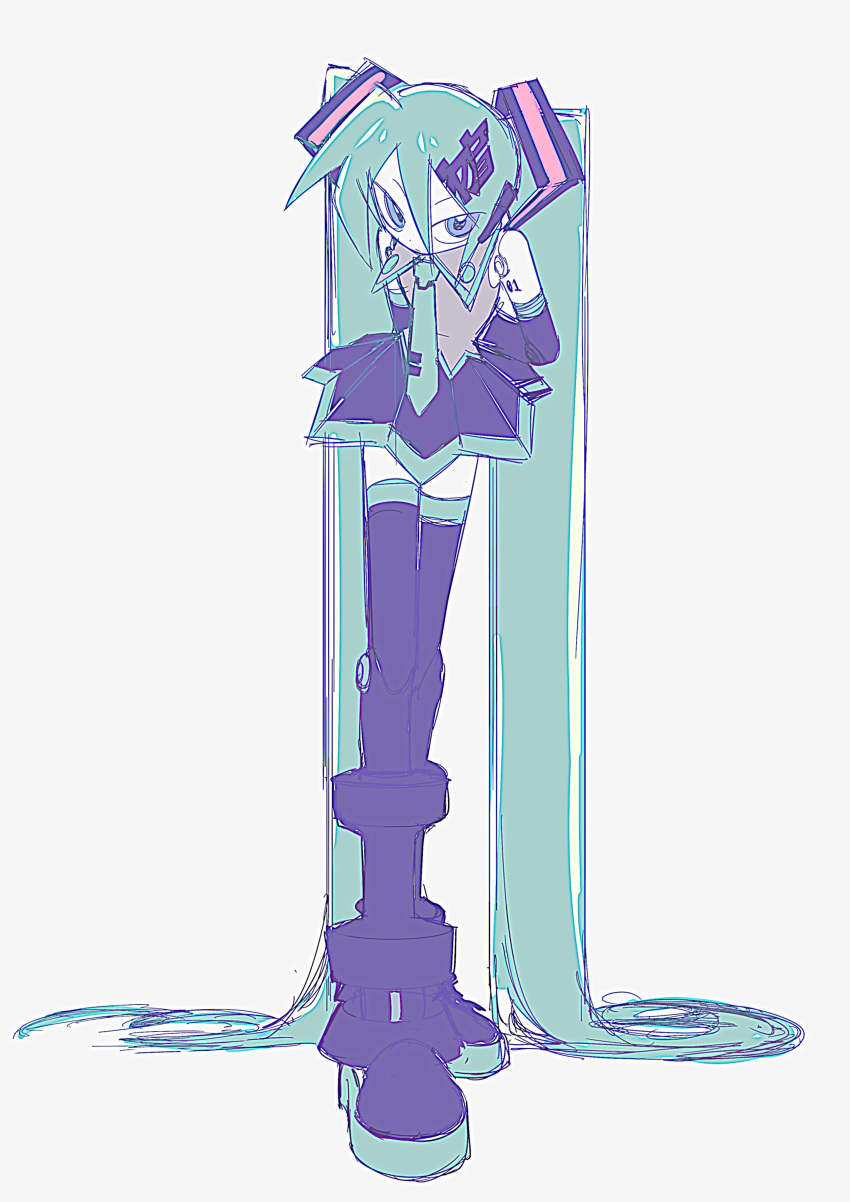 1girl, absurdly_long_hair, absurdres, android, aqua_hair, aqua_necktie, arms_behind_back, black_footwear