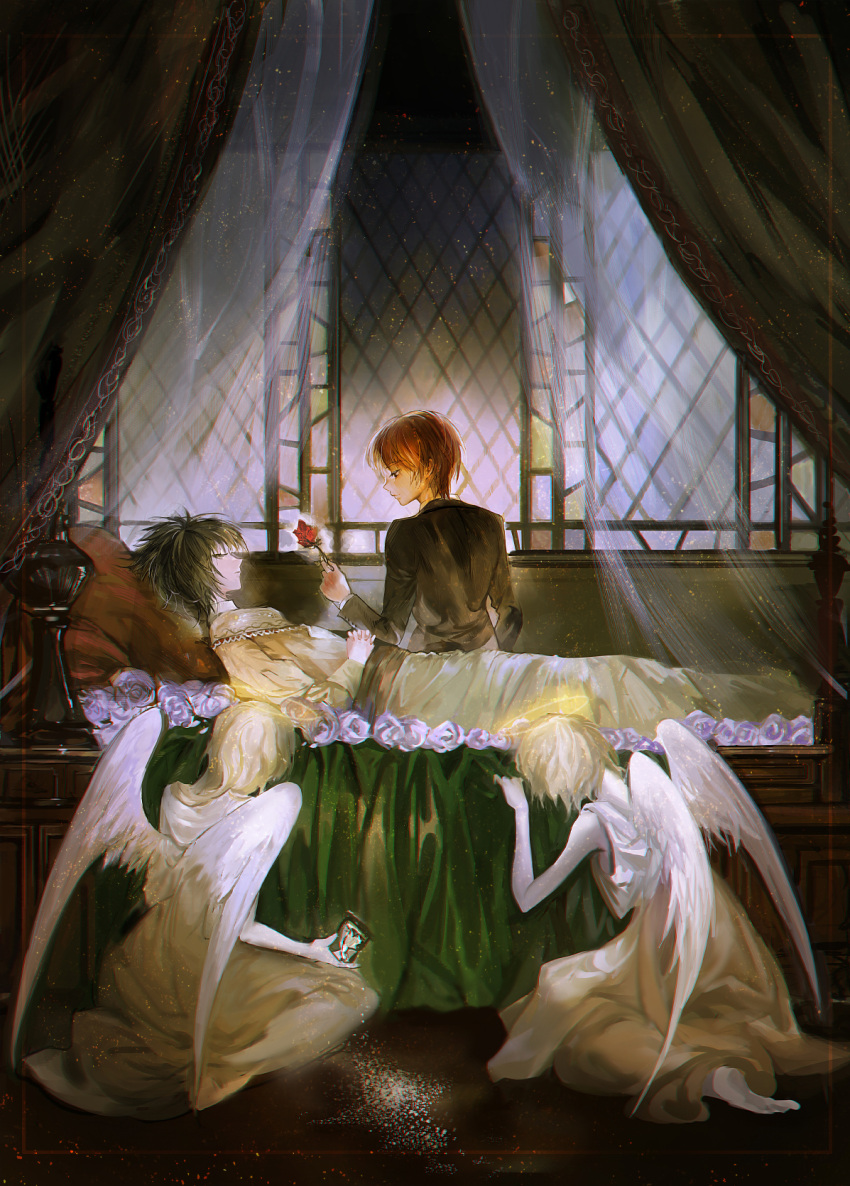 2boys, 2others, androgynous, angel, angel_wings, bed, black_hair, brown_hair, closed_eyes, death_note, flower, halo, highres, holding, holding_flower, holding_hourglass, hourglass, l_(death_note), lying, multiple_boys, multiple_others, on_back, red_flower, red_rose, rose, sand, sei_(resonableworld), short_hair, sleeping, sleeping_beauty, stained_glass, white_wings, wings, yagami_light