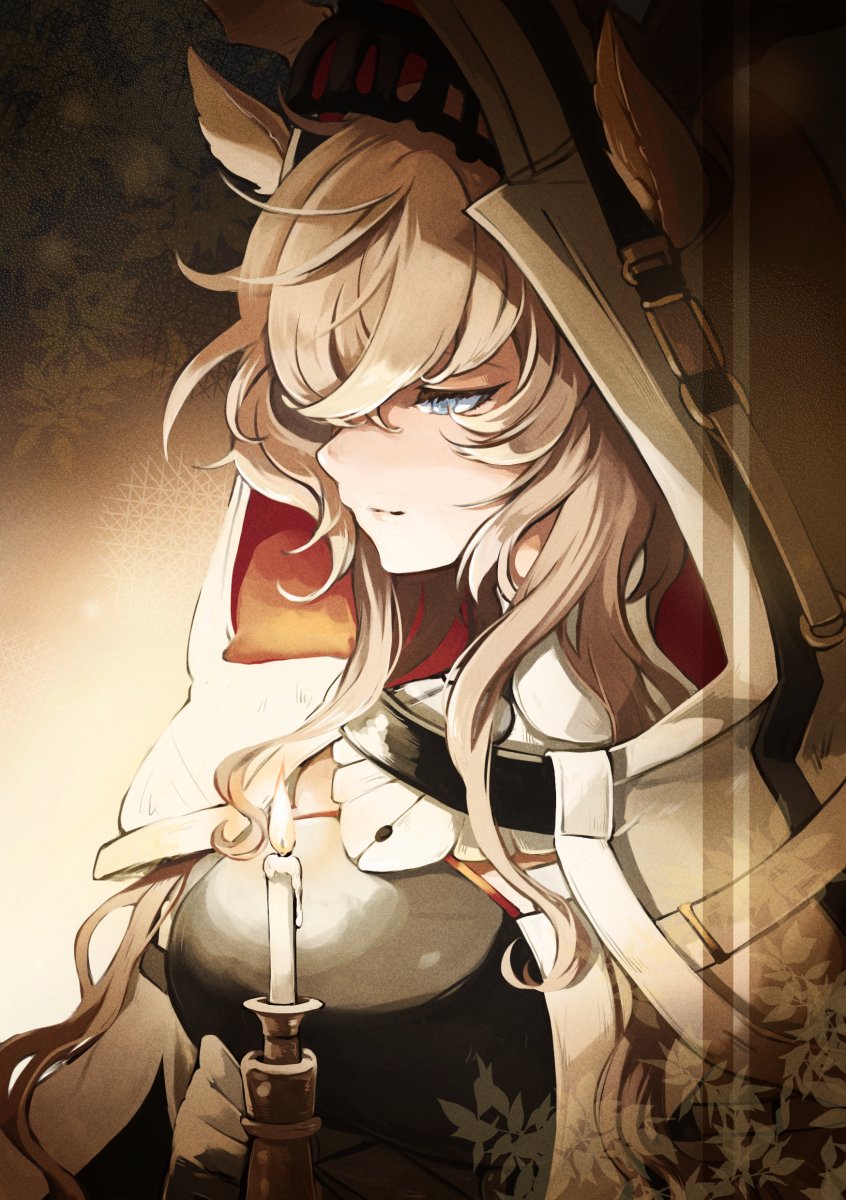 1girl, animal_ears, antlers_through_headwear, arknights, blonde_hair, blue_eyes, candle, cape