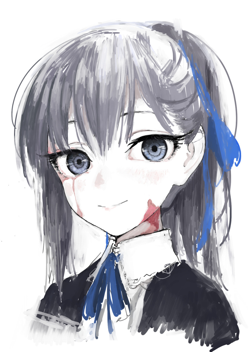 1girl, blue_ribbon, burn_scar, cardigan, closed_mouth, collared_shirt, cropped_shoulders, dorei_to_no_seikatsu_~teaching_feeling~, e_eel, grey_eyes, grey_hair, hair_behind_ear, hair_ribbon, highres, light_blush, neck_ribbon, open_cardigan, open_clothes, ponytail, raised_eyebrows, ribbon, scar, scar_on_face, shirt, simple_background, smile, solo, sylvie_(dorei_to_no_seikatsu)