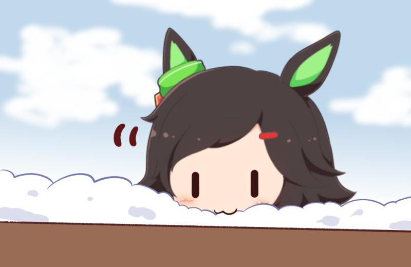 1girl, :3, animal_ears, black_hair, chibi, commentary, ear_ornament, eating, fence, gomashio_(goma_feet), hair_ornament, hairclip, historical_reference_connection, horse_ears, horse_girl, motion_lines, name_connection, outdoors, short_hair, snow, solo, umamusume, winning_ticket_(umamusume), wooden_fence, |_|