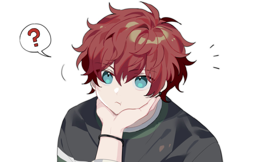 1boy, ?, amagi_hiiro, blue_eyes, cheek_squash, closed_mouth, earrings, ensemble_stars!