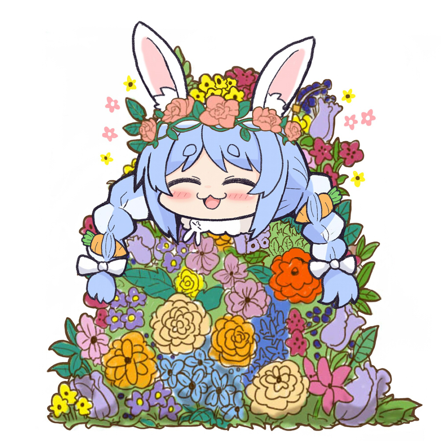 1girl, animal_ears, blue_flower, blue_hair, blush_stickers, bow, braid, closed_eyes