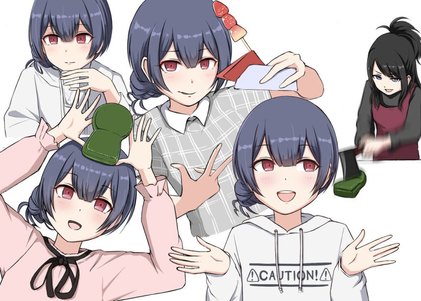 !, 2girls, apron, arms_up, axe, bangs, black_hair, black_ribbon, blue_eyes, blue_hair, blunt_bangs, casual, closed_mouth, clothes_writing, collared_shirt, commentary_request, cropped_torso, cup, drawstring, drinking_glass, dutch_angle, english_text, food, fruit, grey_shirt, grey_skirt, hair_over_shoulder, high_ponytail, holding, holding_axe, holding_cup, hood, hood_down, hoodie, idolmaster, idolmaster_shiny_colors, jacket, licking_lips, long_hair, long_sleeves, looking_at_object, looking_at_viewer, looking_to_the_side, maruoka_wakana, morino_rinze, multiple_girls, multiple_persona, neck_ribbon, object_on_head, object_request, one_side_up, open_mouth, pink_shirt, plaid, plaid_shirt, purple_apron, red_eyes, ribbon, shirt, short_hair, short_sleeves, sidelocks, sign, simple_background, skewer, skirt, smile, strawberry, swept_bangs, teeth, tongue, tongue_out, triangle, two-tone_shirt, upper_body, upper_teeth_only, voice_actor_connection, warning_sign, warubo, white_background, white_hoodie, white_jacket