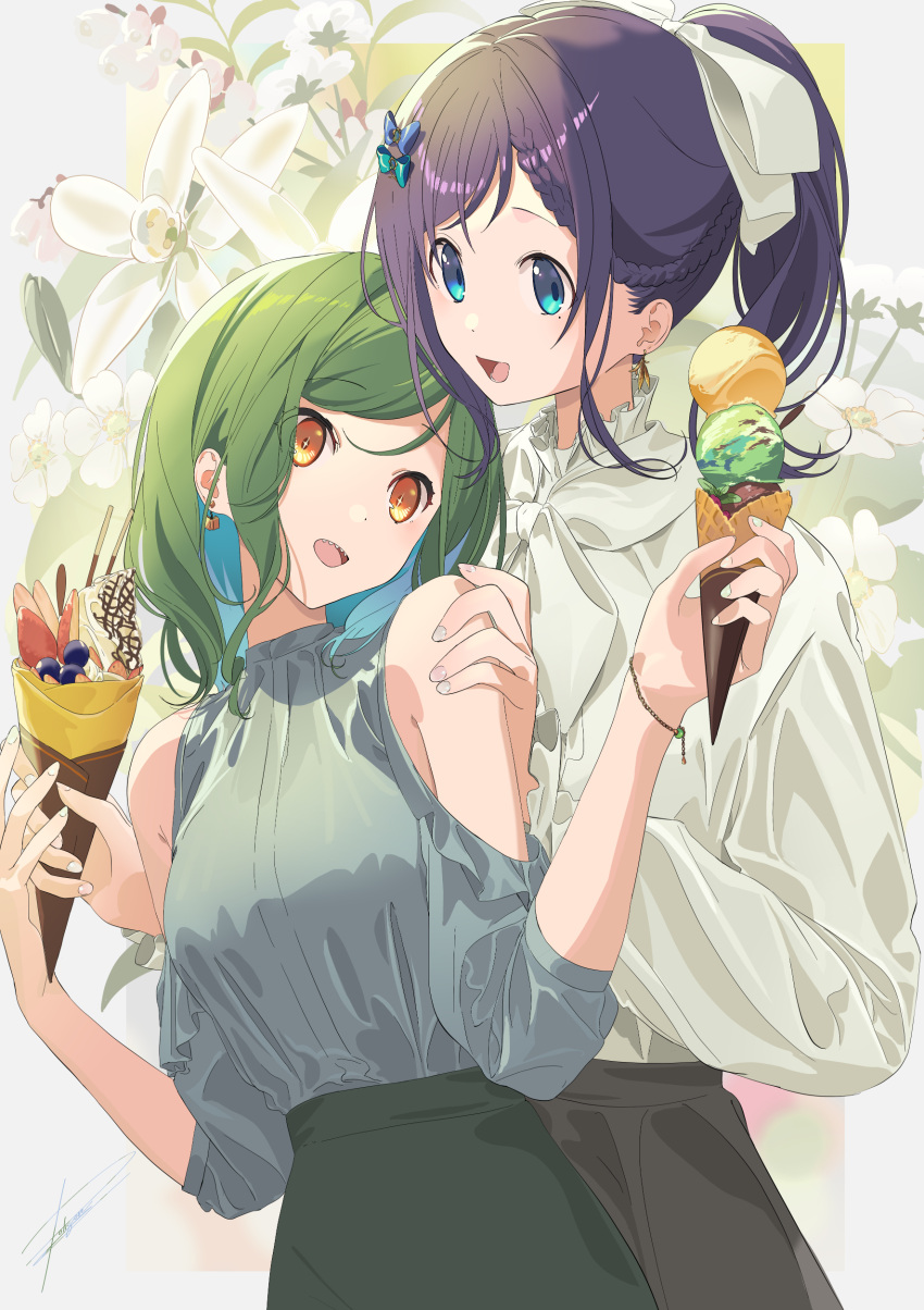 2girls, :d, absurdres, aiba_uiha, bangs, black_hair, blue_bow, blue_eyes, bow, braid, brown_eyes, commentary_request, crepe, food, green_hair, green_shirt, green_skirt, grey_skirt, hair_bow, hair_ribbon, highres, holding, holding_food, ice_cream, ice_cream_cone, kitakoji_hisui, long_hair, long_sleeves, looking_at_viewer, mole, mole_under_eye, multiple_girls, nijisanji, official_art, partial_commentary, poligon_(046), ribbon, sharp_teeth, shirt, skirt, smile, swept_bangs, teeth, virtual_youtuber, white_ribbon, white_shirt