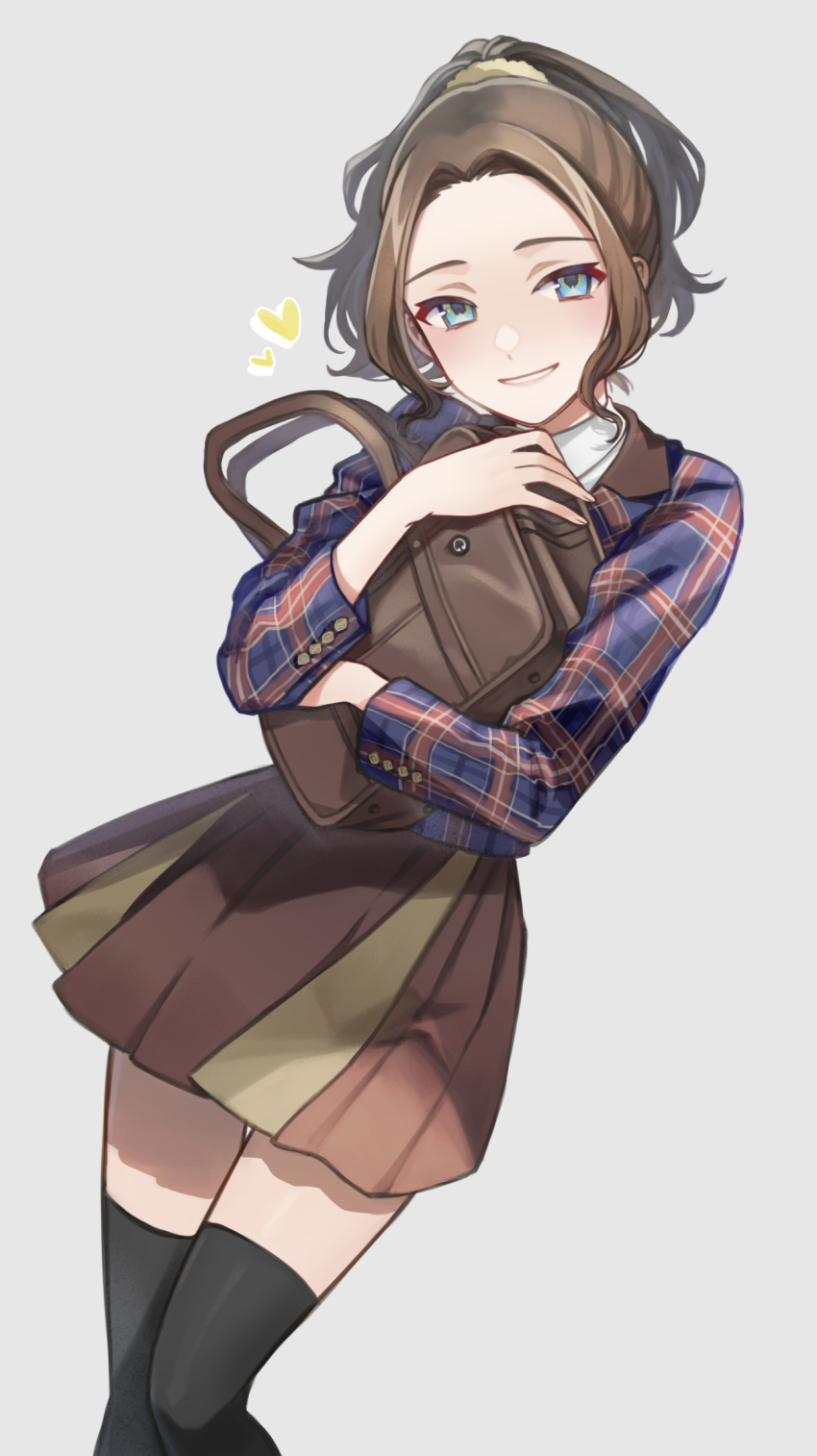 1girl, bag, bangs, black_thighhighs, blue_eyes, blue_jacket, brown_bag, brown_hair, brown_skirt, buttons, collared_shirt, dutch_angle, feet_out_of_frame, grey_background, grin, hair_ornament, hair_scrunchie, hands_up, heart, high_ponytail, highres, holding, holding_bag, honami_hisame, jacket, long_sleeves, looking_at_viewer, miniskirt, multicolored_clothes, multicolored_jacket, object_hug, parted_bangs, parted_lips, plaid, plaid_jacket, pleated_skirt, ponytail, red_jacket, school_bag, school_uniform, scrunchie, shirt, short_hair, shoujo_kageki_revue_starlight, shoulder_bag, simple_background, skirt, smile, solo, standing, tareko, thigh-highs, white_shirt, yellow_scrunchie, zettai_ryouiki