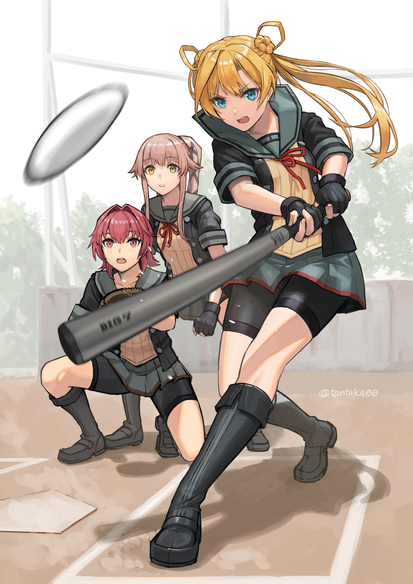 3girls, abukuma_(kancolle), abukuma_kai_ni_(kancolle), baseball, baseball_bat, bike_shorts, bike_shorts_under_shorts, black_footwear