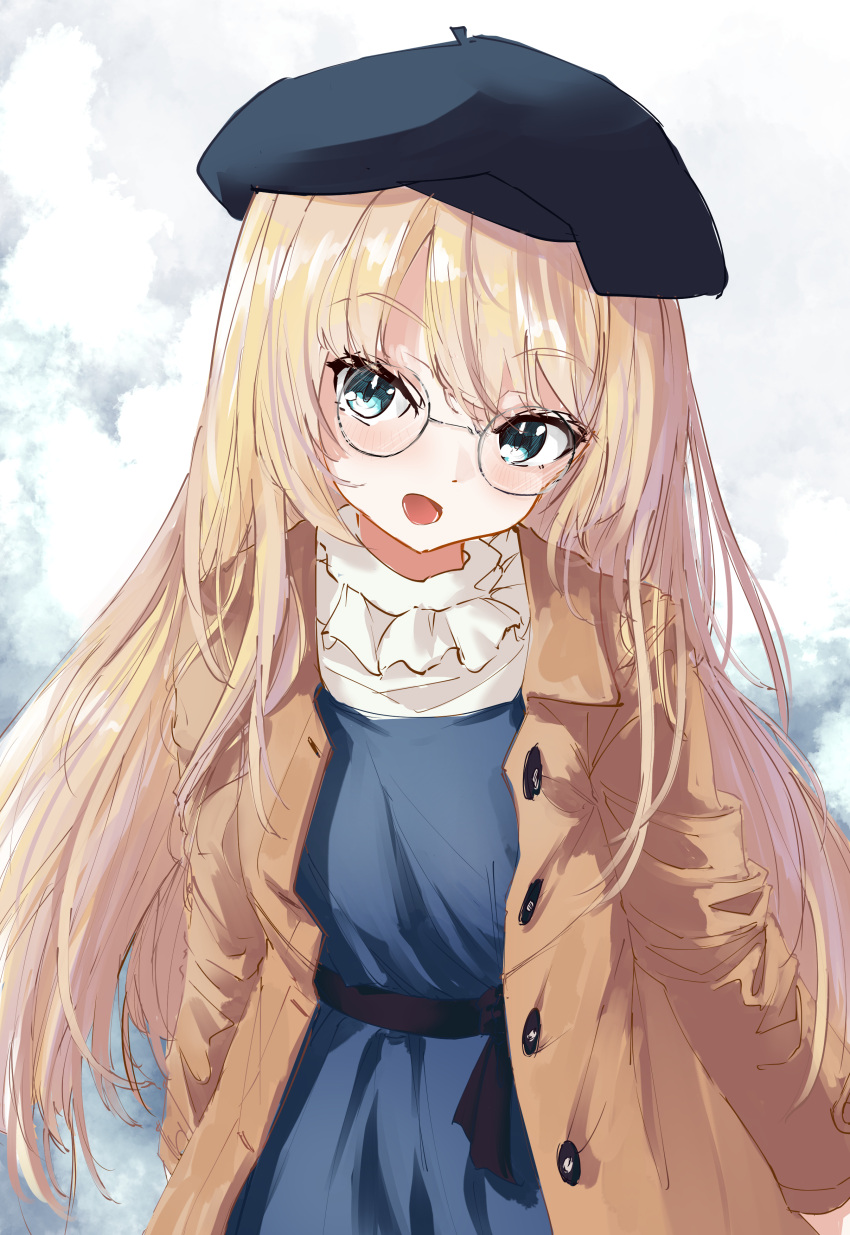 1girl, absurdres, beret, bespectacled, black_headwear, blonde_hair, blue_dress, blue_eyes