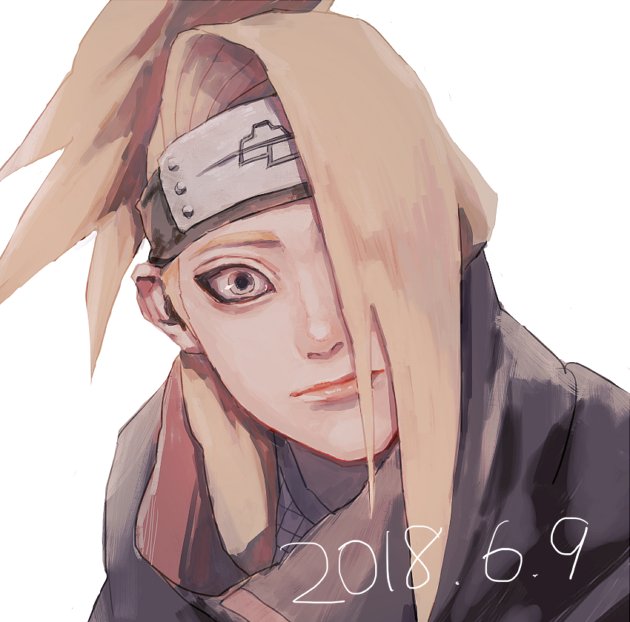 1boy, 2018, akatsuki_uniform, asymmetrical_hair, bangs, blonde_hair, closed_mouth, deidara_(naruto)