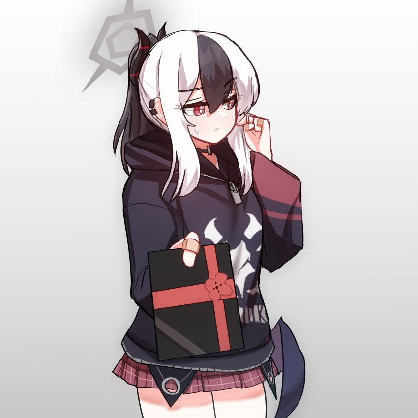 1girl, absurdres, black_hair, black_hoodie, blue_archive, demon_horns, grey_background, halo, highres, hood, hoodie, horns, jonasmk, kayoko_(blue_archive), looking_at_viewer, medium_hair, red_eyes, simple_background, solo, white_hair