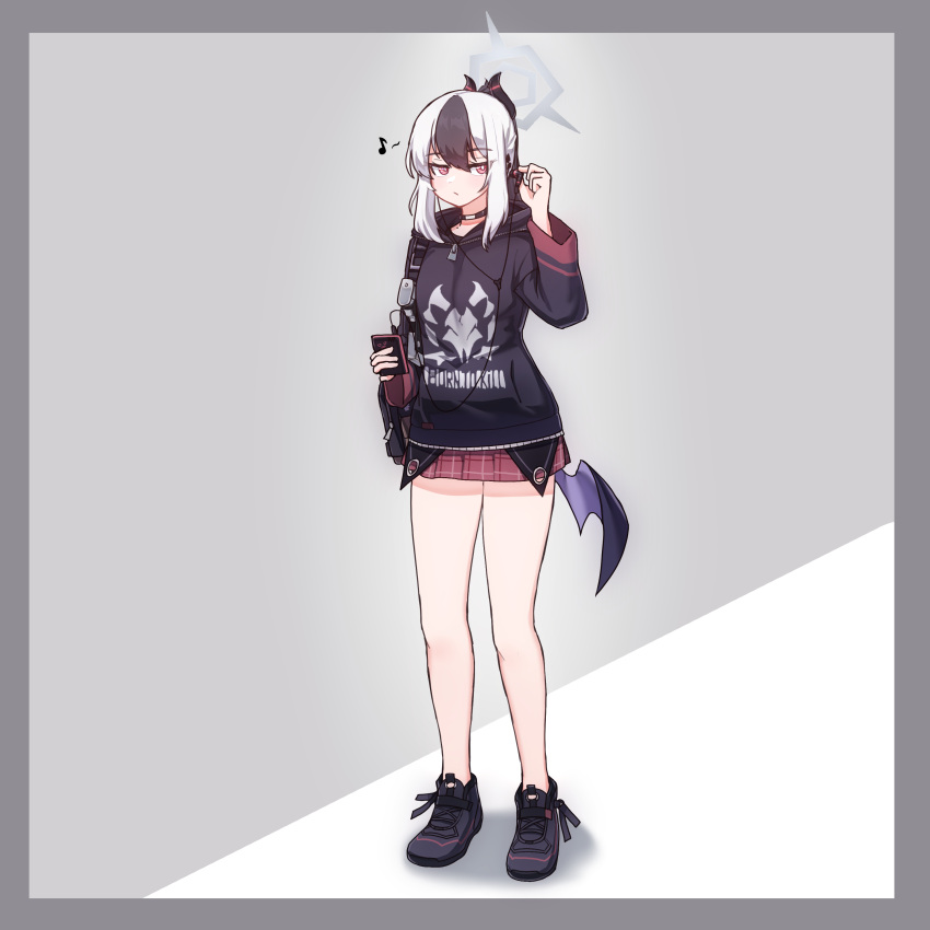 1girl, absurdres, black_hair, black_hoodie, blue_archive, demon_horns, grey_background, halo