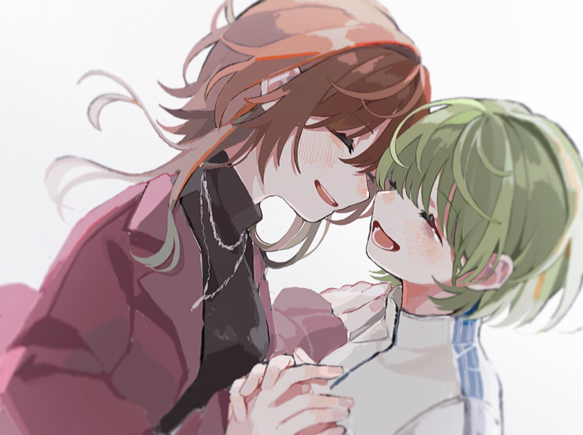 2girls, ^_^, aketa_mikoto, blush, brown_hair, closed_eyes, green_hair, highres