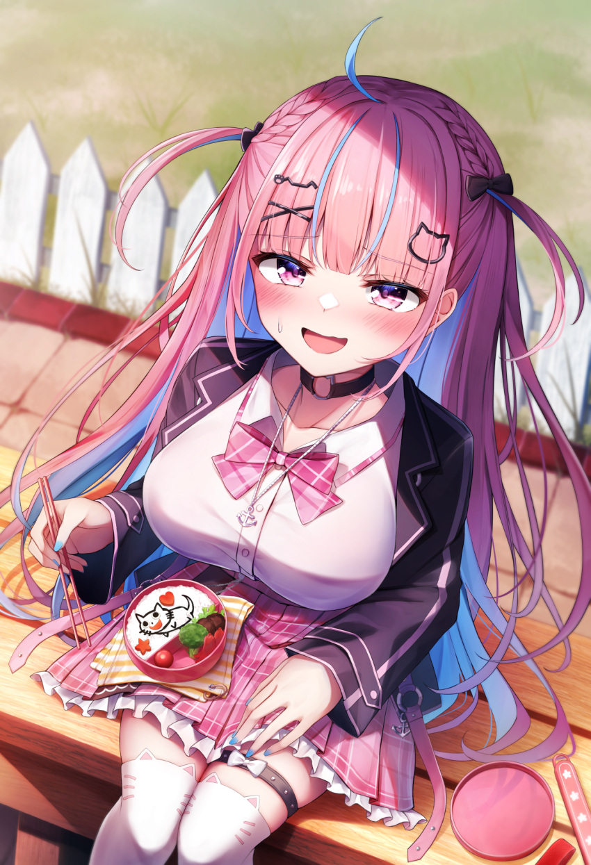 1girl, ahoge, anchor_necklace, animal_ear_legwear, bangs, black_bow, black_choker, black_jacket