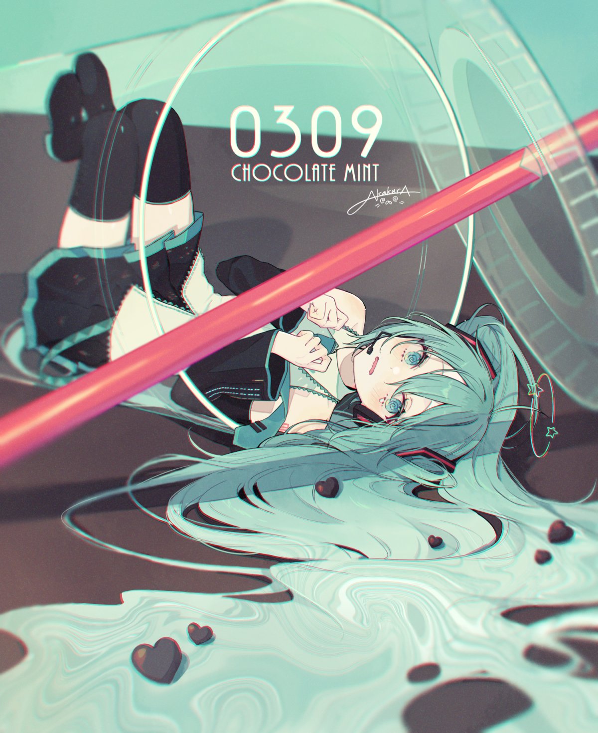 1girl, 39, @_@, akakura, aqua_eyes, aqua_hair, aqua_necktie, black_skirt, black_sleeves, boots, candy, chocolate, crypton_future_media, cup, detached_sleeves, disposable_cup, drinking_straw, food, hatsune_miku, headset, heart, heart-shaped_chocolate, highres, long_hair, looking_at_viewer, necktie, number_tattoo, piapro, pleated_skirt, seeing_stars, shirt, signature, skirt, solo, spill, tattoo, thigh_boots, tie_clip, twintails, very_long_hair, vocaloid, white_shirt, zettai_ryouiki